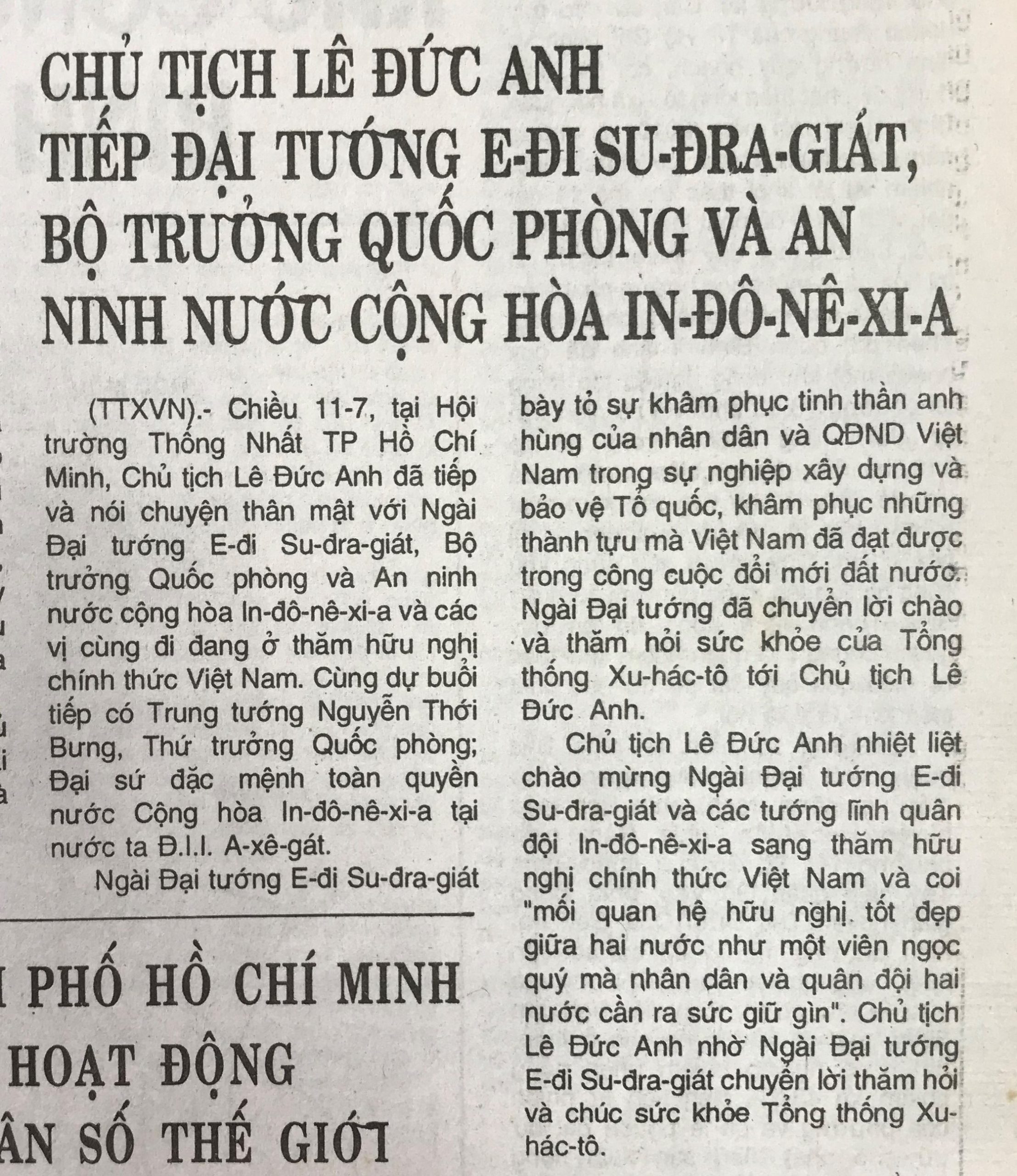 Chủ tịch Lê Đức Anh tiếp Đại thướng E-đi Su-đra-giát